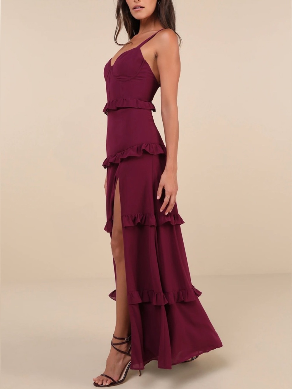 Lulus NWT “Sincerely Poised” Plum Purple Backless Bustier Tiered Maxi Dress, XS.